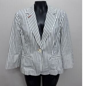 Cabi Pinstripe Ticking Blazer Sz 8 Blu/Wht Cotton 3/4 Sleeve Pleats Cottage Boho